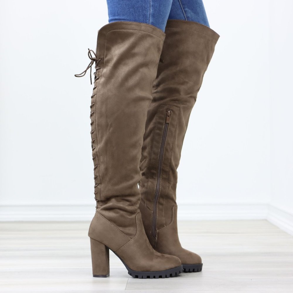 Full Lace-Up Back Taupe Faux Suede Thigh High Over The Knee Lug Block Heeled Boo - Picture 4 of 14